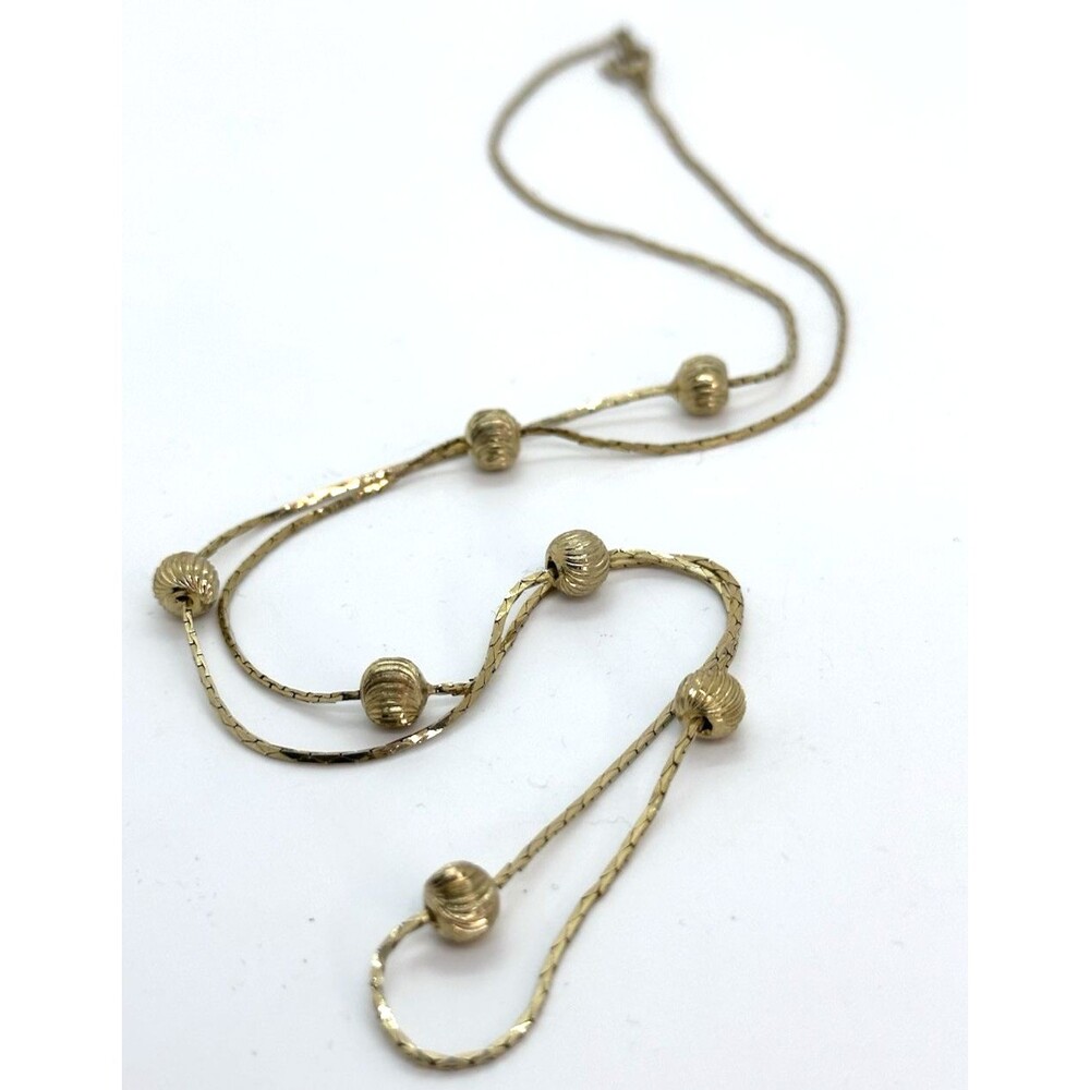 Gold Tone Chain Necklace with Stationary Gold Tone Textured Beads 24 Inch